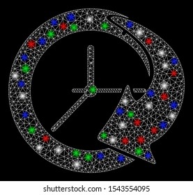 Bright mesh time schedule with glow effect. White wire carcass polygonal mesh in vector format on a black background. Abstract 2d mesh designed with triangular lines, spheric points,