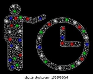 Bright mesh time show with glare effect. White wire frame polygonal mesh in vector format on a black background. Abstract 2d mesh designed with polygonal grid, round dots, colored flash spots.