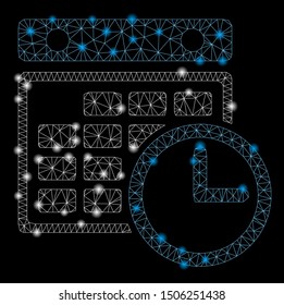 Bright mesh timetable with glow effect. Abstract illuminated model of timetable icon. Shiny wire frame triangular mesh timetable. Vector abstraction on a black background.