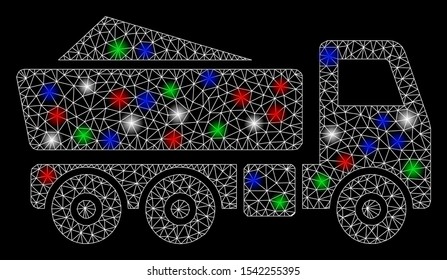 Bright mesh tipper with lightspot effect. White wire frame polygonal mesh in vector format on a black background. Abstract 2d mesh designed with polygonal grid, round dots, colorful flash spots.