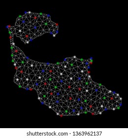 Bright mesh Tiran Island map with glare effect. Wire carcass triangular mesh in vector format on a black background. Abstract 2d mesh created from triangular lines, points, colored light spots.