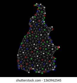 Bright mesh Tocantins State map with glare effect. Wire frame triangular mesh in vector format on a black background. Abstract 2d mesh designed with triangular lines, dots, colorful flare spots.