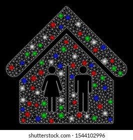 Bright mesh toilet building with lightspot effect. White wire frame triangular mesh in vector format on a black background. Abstract 2d mesh designed with triangular lines, spheric points,