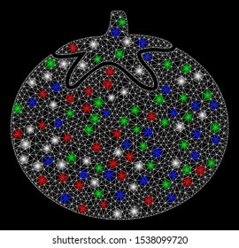 Bright mesh tomato vegetable with glow effect. White wire carcass polygonal network in vector format on a black background. Abstract 2d mesh designed with polygonal grid, round dots,