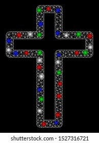 Bright mesh tomb cross with glow effect. White wire frame triangular mesh in vector format on a black background. Abstract 2d mesh designed with triangular lines, spheric points, colored light spots.