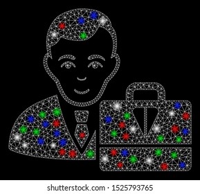 Bright mesh ton accounter with glare effect. White wire frame polygonal mesh in vector format on a black background. Abstract 2d mesh built from polygonal grid, small circle, colorful glare spots.