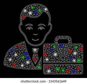 Bright mesh ton accounter with glow effect. White wire frame polygonal mesh in vector format on a black background. Abstract 2d mesh designed with polygonal grid, small circle, colored flare spots.