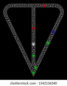 Bright mesh ton currency with glare effect. White wire frame triangular mesh in vector format on a black background. Abstract 2d mesh designed with triangles, points, colorful flare spots.
