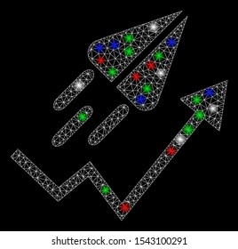 Bright mesh ton launch trend arrow with glare effect. White wire frame triangular network in vector format on a black background. Abstract 2d mesh designed with triangular lines, round dots,