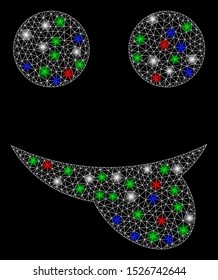 Bright mesh tongue smiley with glare effect. White wire carcass polygonal network in vector format on a black background. Abstract 2d mesh built from polygonal grid, dots, colorful glare spots.
