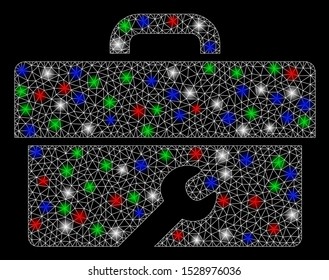 Bright mesh toolbox with glare effect. White wire frame polygonal mesh in vector format on a black background. Abstract 2d mesh built from triangular lines, small circle, colorful glare spots.