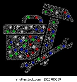 Bright mesh toolbox with glare effect. White wire frame polygonal mesh in vector format on a black background. Abstract 2d mesh designed with triangles, dots, colored glare spots.