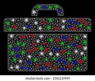 Bright mesh toolbox with glare effect. White wire carcass triangular mesh in vector format on a black background. Abstract 2d mesh designed with triangular lines, small circle, colorful flare spots.