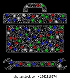 Bright mesh toolbox with lightspot effect. White wire carcass triangular mesh in vector format on a black background. Abstract 2d mesh designed with polygonal grid, points, colorful flash spots.