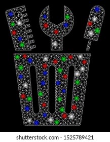 Bright mesh tools bucket with glow effect. White wire frame polygonal mesh in vector format on a black background. Abstract 2d mesh designed with triangles, small circle, colorful glare spots.