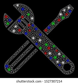 Bright mesh tools with glare effect. White wire carcass triangular mesh in vector format on a black background. Abstract 2d mesh created from triangular lines, dots, colored flare spots.