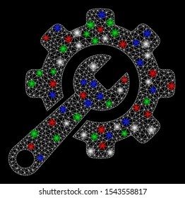 Bright mesh tools with glare effect. White wire frame polygonal mesh in vector format on a black background. Abstract 2d mesh designed with polygonal grid, round dots, colored flash spots.