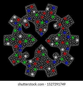 Bright mesh tools with glow effect. White wire carcass polygonal mesh in vector format on a black background. Abstract 2d mesh designed with polygonal grid, points, colorful flare spots.