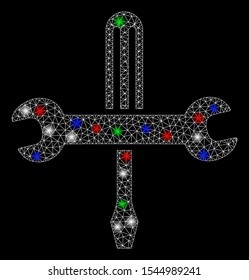 Bright mesh tools with glow effect. White wire frame polygonal network in vector format on a black background. Abstract 2d mesh designed with polygonal grid, dots, colorful flash spots.
