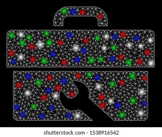 Bright mesh tools with lightspot effect. White wire carcass polygonal mesh in vector format on a black background. Abstract 2d mesh designed with polygonal grid, round dots, colored flare spots.