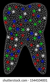 Bright mesh tooth with glow effect. White wire carcass triangular mesh in vector format on a black background. Abstract 2d mesh designed with triangular lines, small circle, colored flare spots.