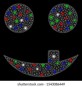 Bright mesh tooth smiley with glare effect. White wire carcass polygonal mesh in vector format on a black background. Abstract 2d mesh built from polygonal grid, points, colorful glare spots.