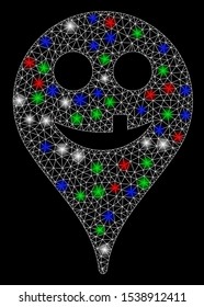 Bright mesh tooth smiley map marker with glow effect. White wire frame triangular mesh in vector format on a black background. Abstract 2d mesh built from triangular lines, points,
