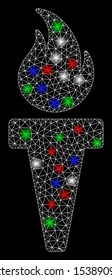 Bright mesh torch fire with glare effect. White wire frame polygonal mesh in vector format on a black background. Abstract 2d mesh created from polygonal grid, spheric points, colorful flare spots.