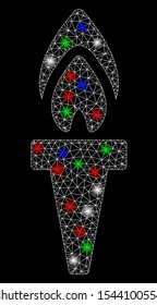Bright mesh torch with glare effect. White wire carcass triangular mesh in vector format on a black background. Abstract 2d mesh designed with triangular lines, points, colored light spots.