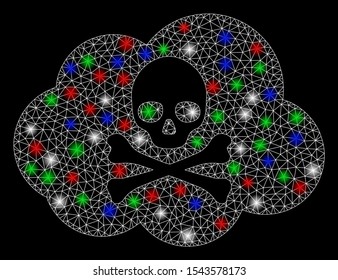 Bright mesh toxic smoke with glare effect. White wire frame triangular mesh in vector format on a black background. Abstract 2d mesh designed with polygonal grid, small circle, colorful glare spots.