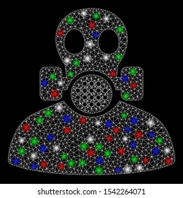 Bright mesh toxic work with glare effect. White wire frame triangular mesh in vector format on a black background. Abstract 2d mesh built from triangular lines, round dots, colorful glare spots.