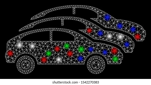 Bright mesh traffic cars with glare effect. White wire frame triangular mesh in vector format on a black background. Abstract 2d mesh built from triangular lines, small circle, colorful flash spots.