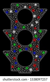 Bright mesh traffic lights off with lightspot effect. White wire carcass triangular mesh in vector format on a black background. Abstract 2d mesh designed with polygonal grid, spheric points,