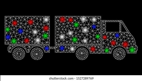 Bright mesh trailer with glare effect. White wire carcass triangular mesh in vector format on a black background. Abstract 2d mesh created from triangular lines, round dots, colored glare spots.