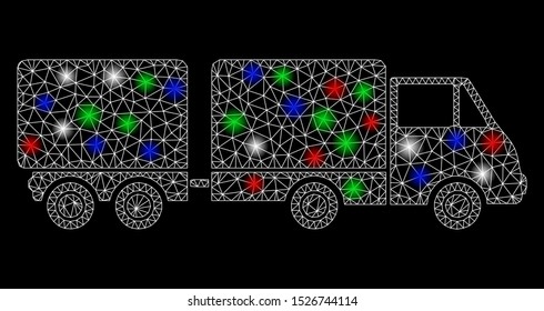 Bright mesh trailer with glow effect. White wire frame triangular mesh in vector format on a black background. Abstract 2d mesh created from triangular lines, spheric points, colorful light spots.