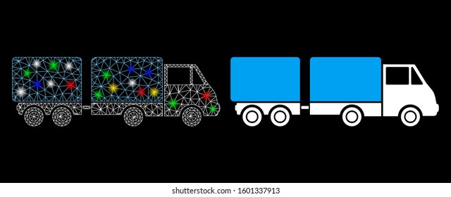 Bright mesh trailer icon with lightspot effect. Abstract illuminated model of trailer. Shiny wire carcass triangular mesh trailer icon. Vector abstraction on a black background.