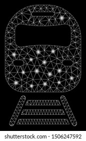Bright mesh train with glare effect. Abstract illuminated model of train icon. Shiny wire carcass polygonal network train. Vector abstraction on a black background.