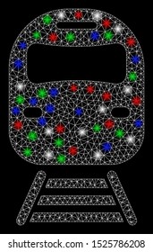 Bright mesh train with glare effect. White wire carcass triangular mesh in vector format on a black background. Abstract 2d mesh created from triangular lines, points, colored glare spots.