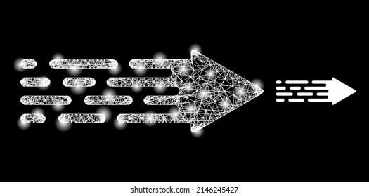 Bright mesh transition arrow with glowing spots. Wire carcass flat mesh generated with crossed white lines and transition arrow icon.
