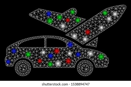 Bright mesh transport with glow effect. White wire frame polygonal mesh in vector format on a black background. Abstract 2d mesh built from polygonal grid, small circle, colored light spots.