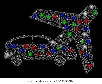 Bright mesh transport with glow effect. White wire frame triangular mesh in vector format on a black background. Abstract 2d mesh designed with triangular lines, small circle, colored glare spots.