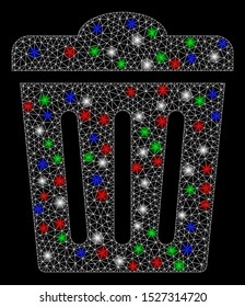 Bright mesh trash can with lightspot effect. White wire frame triangular mesh in vector format on a black background. Abstract 2d mesh designed with triangular lines, points, colorful flare spots.