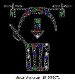Bright mesh trash drone with glare effect. White wire carcass triangular mesh in vector format on a black background. Abstract 2d mesh designed with triangular lines, spheric points,