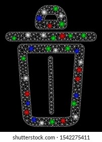 Bright mesh trash with glare effect. White wire frame polygonal mesh in vector format on a black background. Abstract 2d mesh designed with triangular lines, points, colorful flare spots.