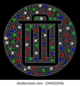 Bright mesh trash with glare effect. White wire carcass polygonal mesh in vector format on a black background. Abstract 2d mesh designed with triangular lines, dots, colorful flash spots.