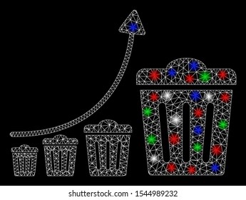 Bright mesh trash growing trend with glare effect. White wire carcass polygonal mesh in vector format on a black background. Abstract 2d mesh created from polygonal grid, points, colorful glare spots.