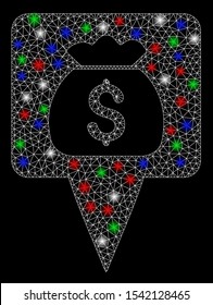 Bright mesh treasure map pointer with glare effect. White wire carcass triangular mesh in vector format on a black background. Abstract 2d mesh designed with polygonal grid, dots,