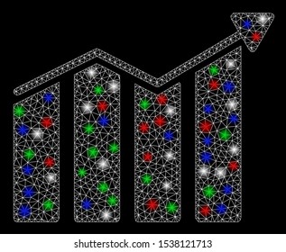 Bright mesh trend with glow effect. White wire carcass triangular mesh in vector format on a black background. Abstract 2d mesh designed with triangular lines, round dots, colorful glare spots.