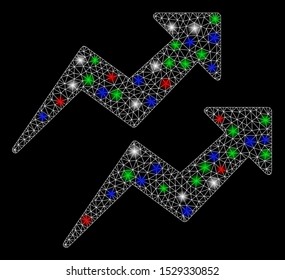 Bright mesh trends arrows with glare effect. White wire carcass triangular mesh in vector format on a black background. Abstract 2d mesh designed with triangular lines, small circle,