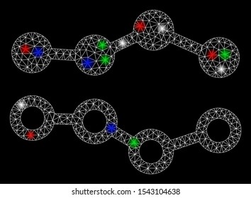 Bright mesh trends with glare effect. White wire carcass polygonal network in vector format on a black background. Abstract 2d mesh designed with polygonal grid, points, colorful glare spots.